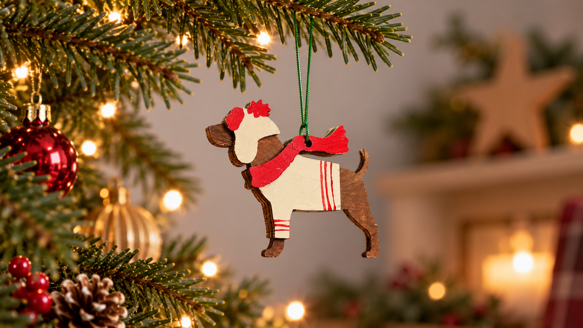 A wooden Christmas ornament shaped like a dog wearing a red and white sweater and matching hat, hanging from a green tree branch with warm holiday lights and ornaments in the background.