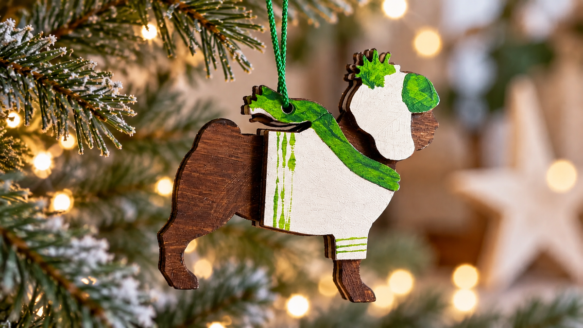 A wooden Christmas ornament shaped like a dog, decorated with green and white painted details and hanging by a green string from a decorated Christmas tree with warm bokeh lights in the background.