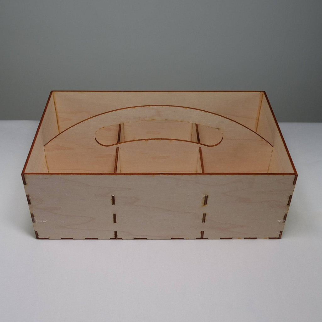 Curious Rabbit garden seedbox with handle, flatpack model kit for storing garden seeds and accessories.