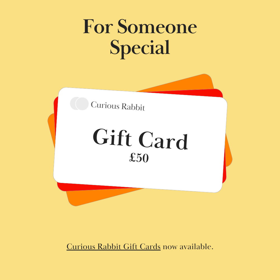 External Curious Rabbit gift card featuring playful rabbit illustrations, ideal for gifting and redeeming online or in-store.