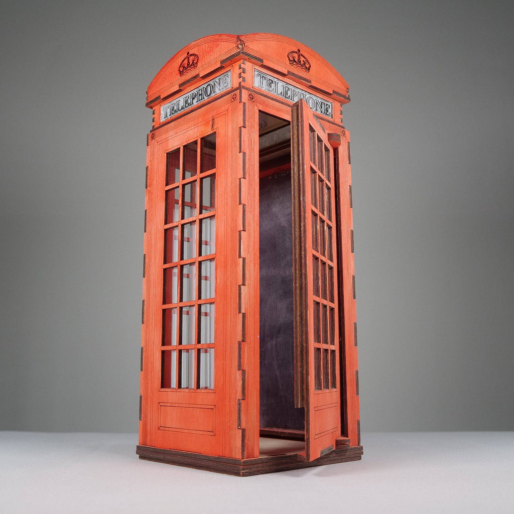 Curious Rabbit Telephone Box Lamp icon in flatpack model kit, featuring a detailed red British telephone booth design.