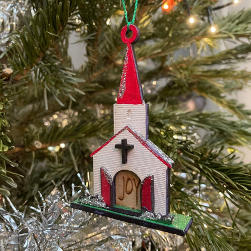 Handmade Christmas Church Joy Bauble ornament by Curious Rabbit, featuring festive holiday design and intricate details.