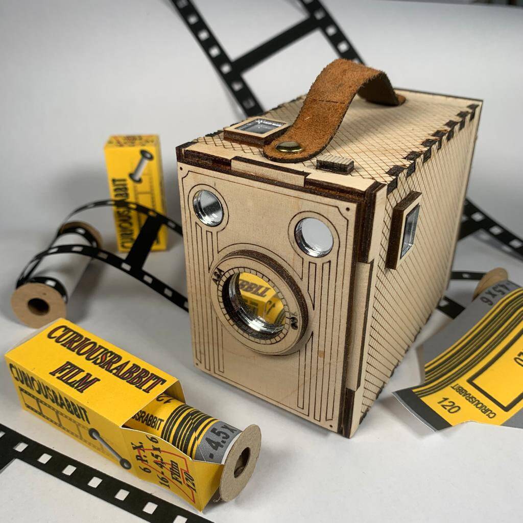 Vintage Brownie Camera flatpack model kit by Curious Rabbit, showing assembled camera with textured brown finish and vintage design.