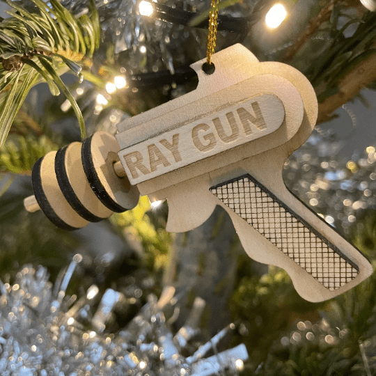 Vintage Curious Rabbit Ray Gun Bauble flatpack model kit, detailed Christmas ornament with retro ray gun design.
