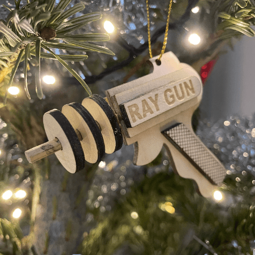 Vintage Ray Gun Bauble by Curious Rabbit, flatpack model kit for Christmas decoration, featuring a retro-style ray gun design.