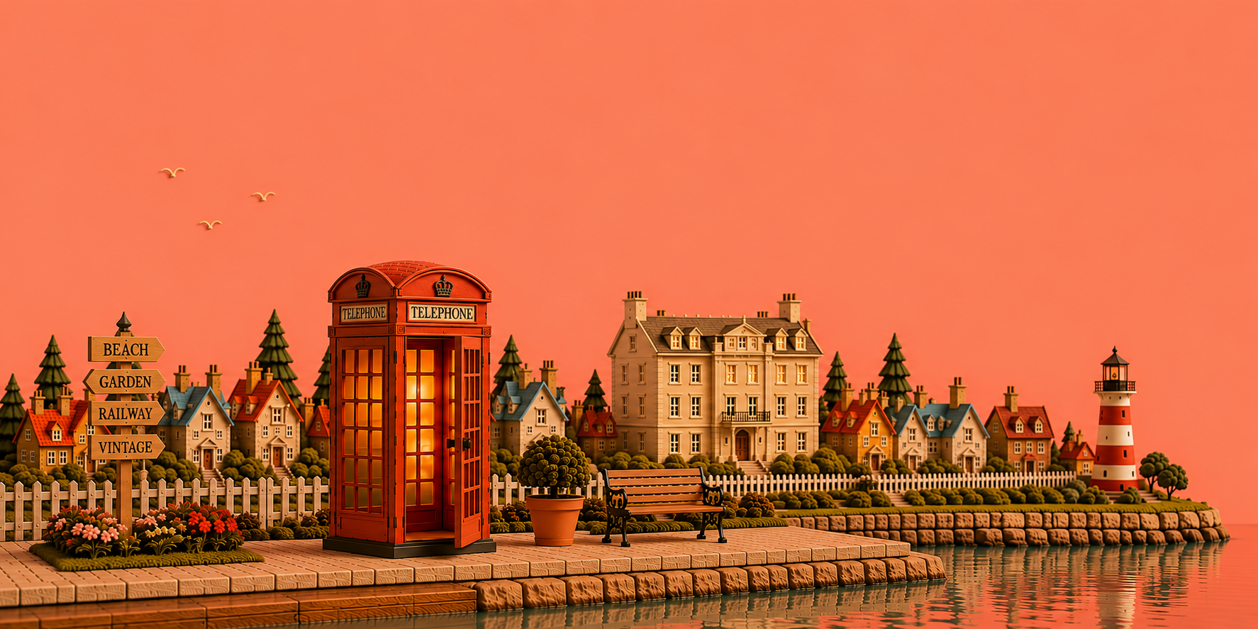 A stylized coastal town scene with a red telephone booth, small houses, a lighthouse, water, and a pink-orange sky. The composition reads like a decorative illustration or poster rather than a standard product photo.