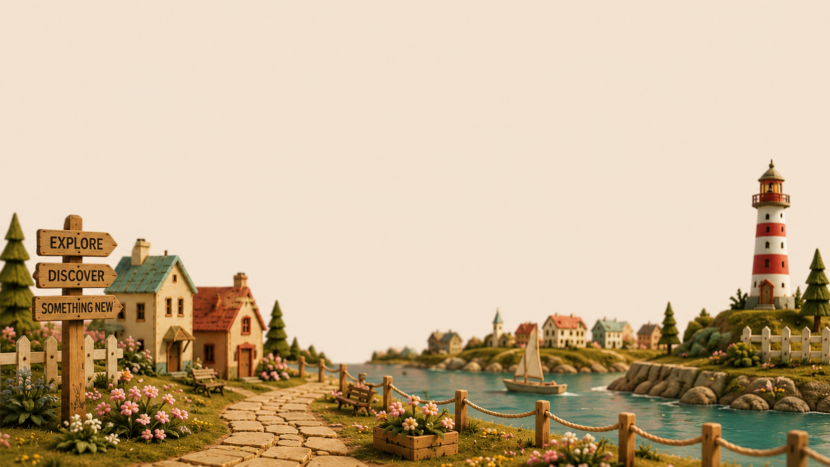 A miniature diorama model of a coastal village with a lighthouse, waterway, small houses, flowers, and directional wooden signs under a warm beige sky.