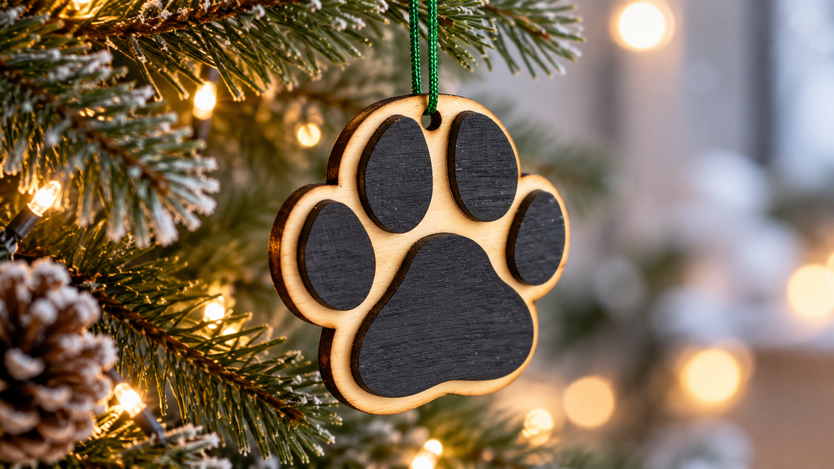 A wooden paw print Christmas ornament with a dark gray center and natural wood edges, hanging from a green string on a decorated Christmas tree with warm lights.