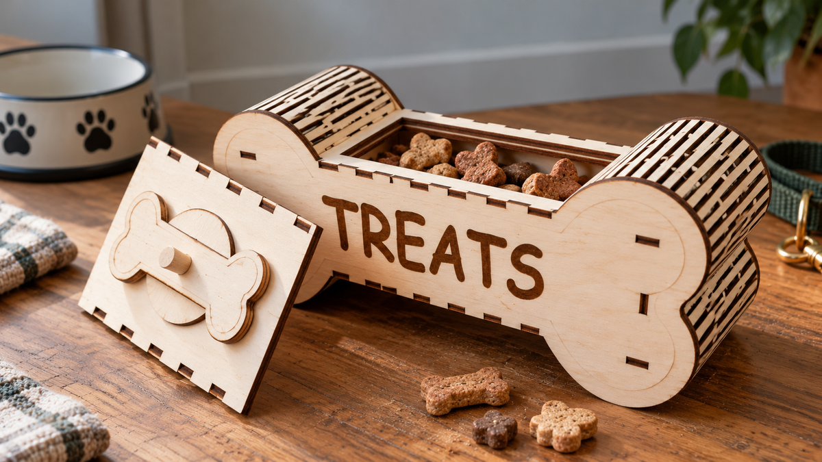 A wooden bone-shaped treat box labeled "TREATS" with a matching bone-shaped lid leaning beside it on a wooden table. The box contains dog treats, and a bowl with paw prints and a plant are visible in the background.