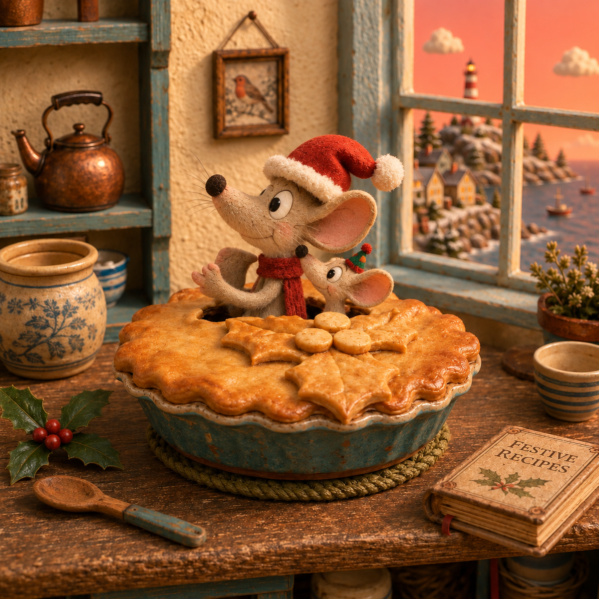 A festive holiday scene showing two small cartoon mice wearing Santa hats and scarves, peeking out from a large golden-brown pie on a rustic wooden table. The background features a cozy, vintage-style room with a window looking out onto a snowy coastal landscape, a blue kettle on a shelf, and a book titled 'Festive Recipes'.