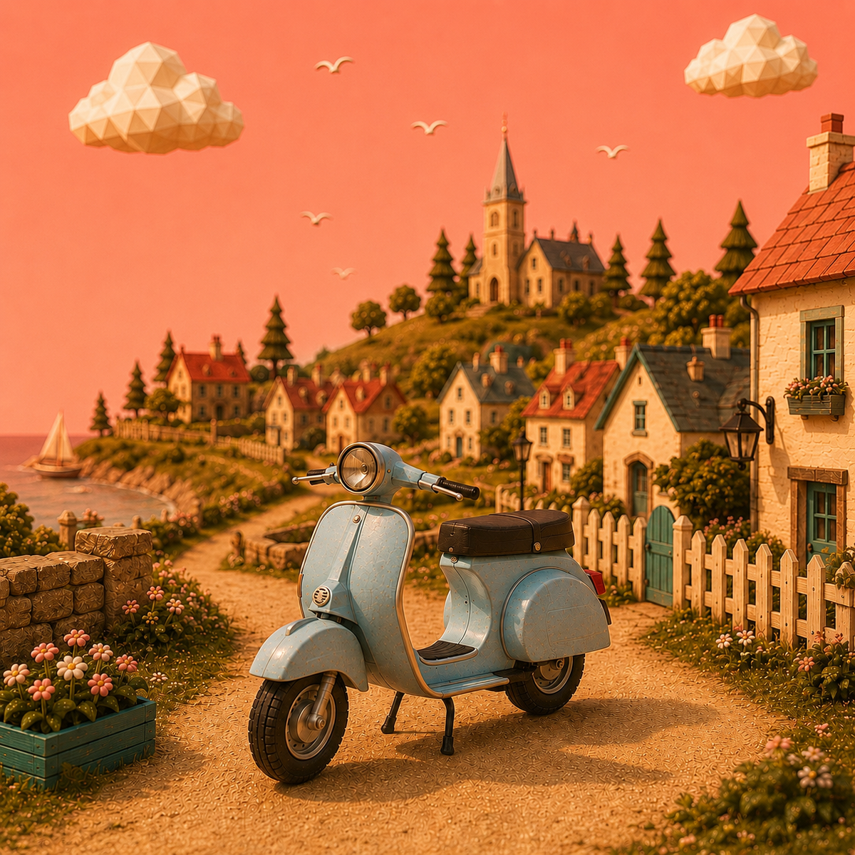 A light blue vintage-style scooter parked on a dirt path in a whimsical coastal village scene with houses, trees, a church spire, clouds, and birds under a warm pink-orange sky.