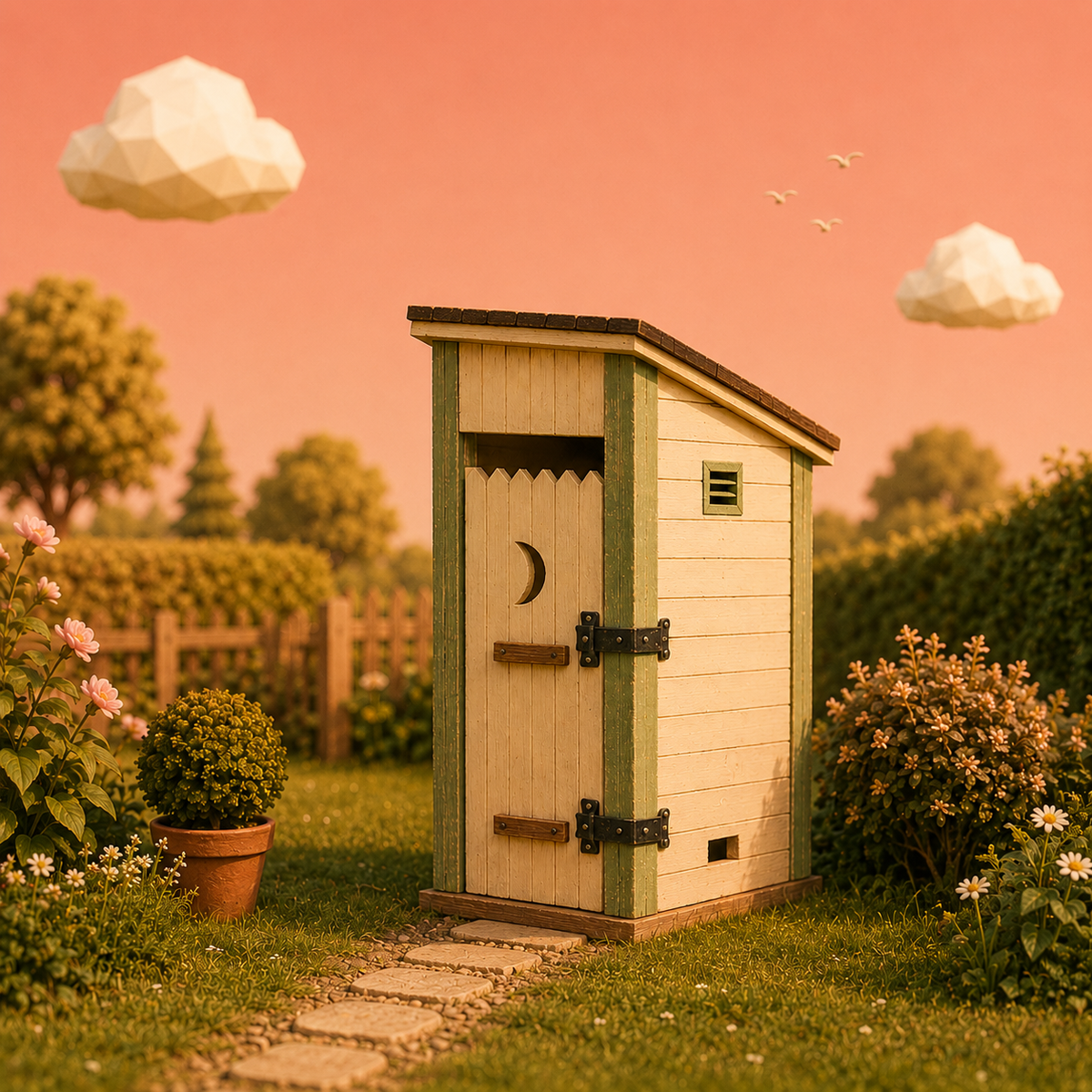 A whimsical miniature wooden outhouse with a cream-colored door and green trim, set in a stylized garden scene under a warm peach sky with paper-like clouds.