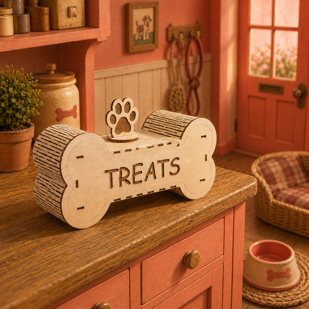 A bone-shaped wooden treat box labeled 'TREATS' sits on a rustic wooden cabinet in a warm, cozy pet-friendly room. The box has a natural light wood finish with darker brown grain details on the bark-textured edges.