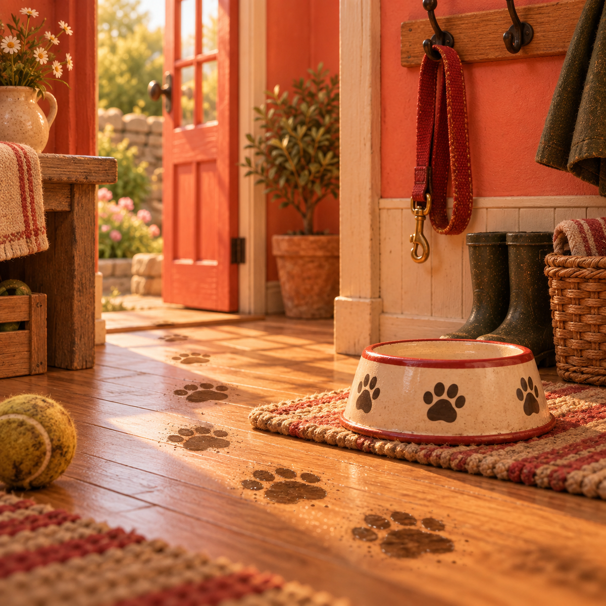 A cream pet food bowl with black paw prints and a red rim sits on a woven rug in a warm, rustic entryway with orange walls, a red door, and dog prints on the wooden floor.